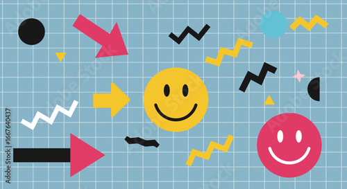 Colorful geometric abstract with smiley faces and arrows on grid background