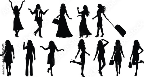 Collection of diverse black silhouettes of people, walking, dancing, posing with luggage and bags, motion and fashion style, white background