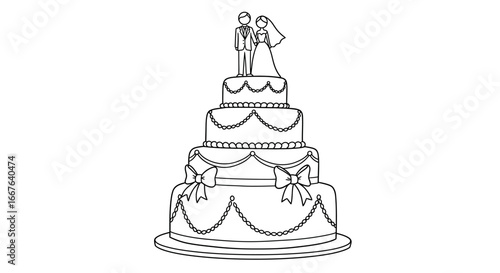 Elegant three-tier wedding cake with bride and groom topper in black and white outline style