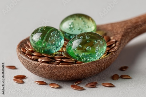 Green gel caps on flax seeds in a wooden spoon