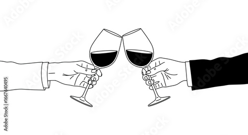 Line art celebration with wine glasses clinking in cheers