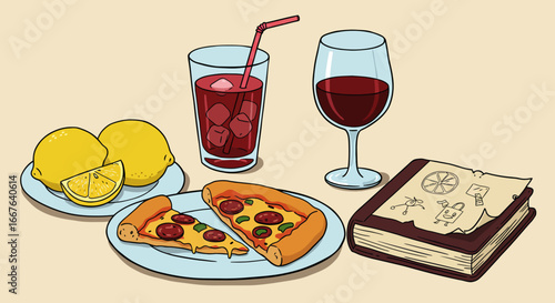 Retro cartoon feast: pizza, drinks, and lemons with a mysterious book