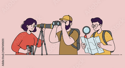 Cartoon explorers observing with binoculars and maps in a minimal style