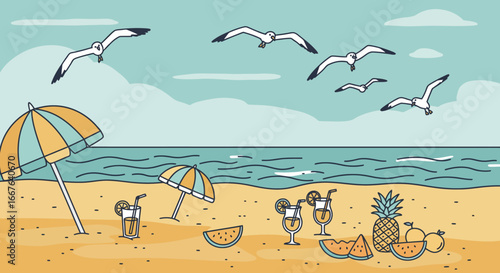 Coastal paradise scene with seagulls, umbrellas, refreshing drinks, and exotic fruits