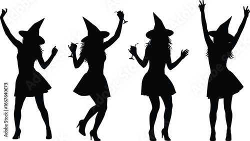 Dancing witch silhouettes in festive dresses, wearing hats, high heels, magic pose, Halloween celebration theme, mysterious vibe, black illustration