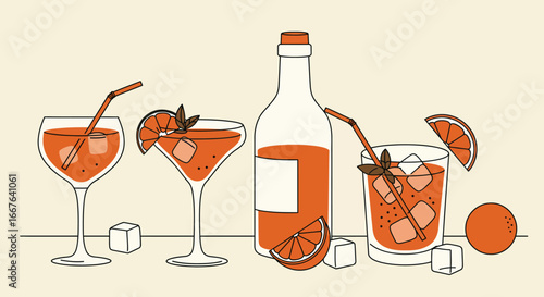 Assorted cocktails and bottle with citrus garnish in modern flat style