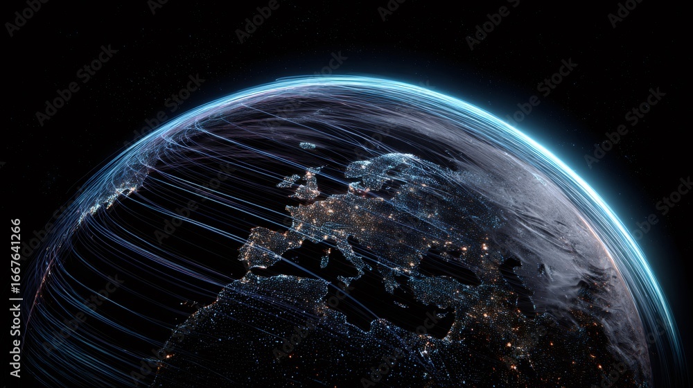 Obraz premium Global network connectivity visualization over Earth's surface at night. Digital world map with illuminated cities and data streams. Concept of worldwide internet and communication.