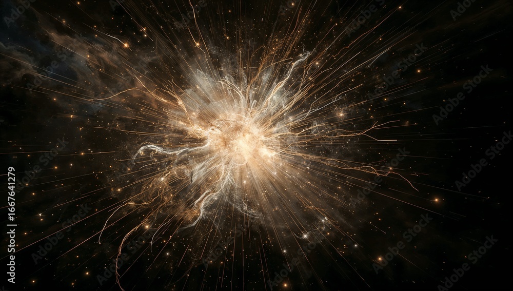 Obraz premium Mesmerizing cosmic explosion depicting radiant energy, shimmering light, and intricate patterns of stellar formation within the vast, mysterious universe