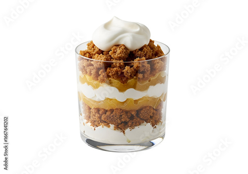 A layered dessert of creamy custard, sweet fruit compote, and crunchy topping, presented in a clear glass dish.
