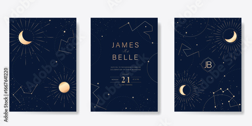 Wedding invitation card design vector set. Elegant wedding card with little star moon sun and space decorative on navy blue background. Design illustration for cover, poster, gala.