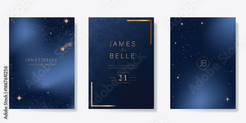 Wedding invitation card design vector set. Elegant wedding card with little star moon sun and space decorative on navy blue background. Design illustration for cover, poster, gala.