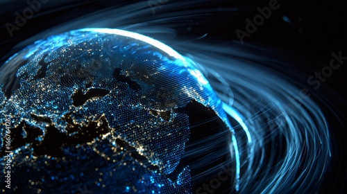 Digital earth with glowing network connections. Global communication concept. Futuristic technology visualization of worldwide internet and data exchange.