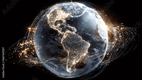 Digital earth model with glowing light network. Global connectivity concept. Technological planet visualization for worldwide communication and data exchange