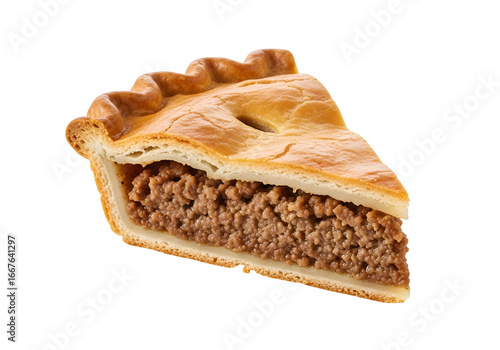 A delectable slice of savory meat pie against a stark black background.