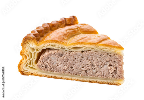 Close-up view of a savory pie slice, showcasing the flaky pastry crust and filling.