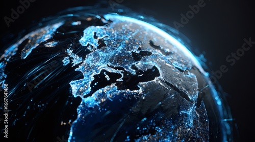 Digital earth with glowing blue network connections. Global technology concept. Futuristic world map visualization for international communication and data exchange.