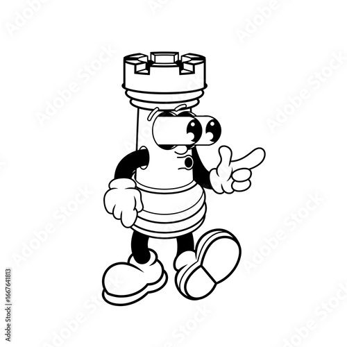 Retro character design of suprised chess rook outline