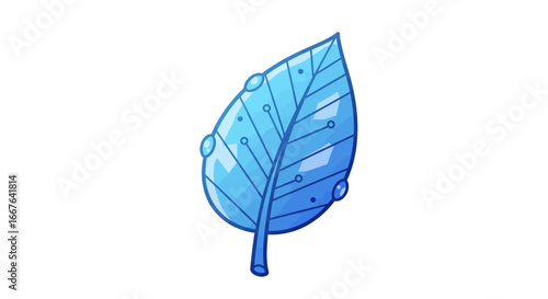Shiny blue leaf with dew drops in cartoon style on white background