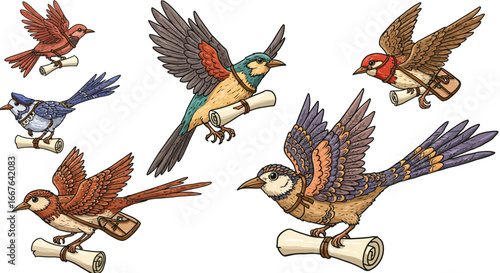 Birds in flight carrying scrolls: captivating nature messenger scene