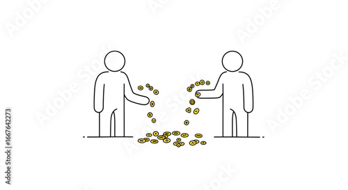 Minimalist line art of two figures sharing falling coins