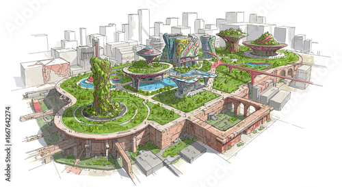 Futuristic urban park design with integrated green spaces in cityscape
