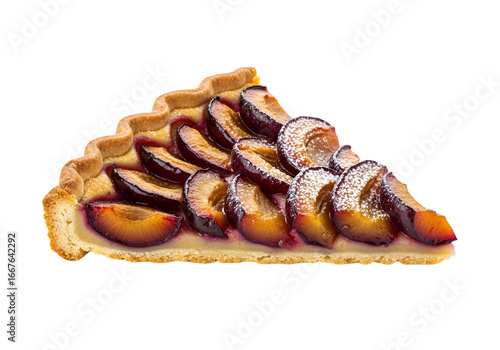 A delectable slice of plum tart, adorned with powdered sugar, is presented against a stark black background.