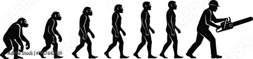 Human evolution sequence, primate to modern man holding chainsaw, black silhouette, technology development, tool use, progress, symbolic growth