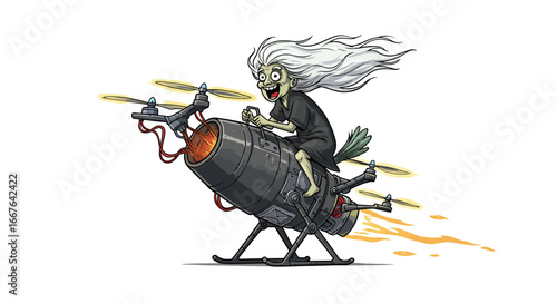 Witch riding rocket-engine broomstick in cartoon style