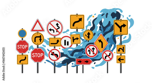 Colorful road sign chaos with abstract background illustrating traffic complexity