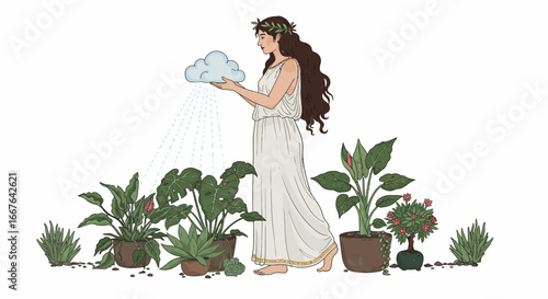 Nature goddess watering plants: goddess with cloud, surrounded by greenery