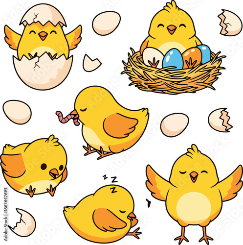 Cute yellow chicks hatching sleeping eating and in nest with eggs baby orange