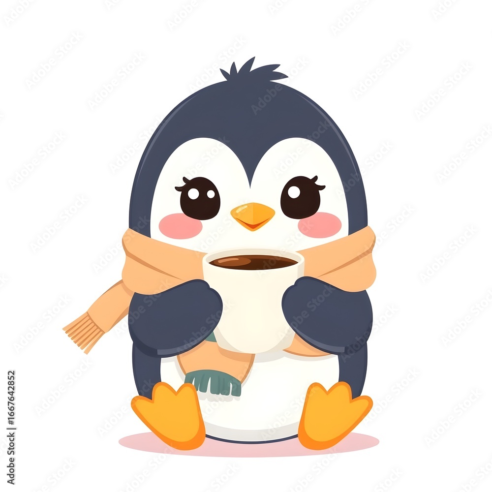 Fototapeta premium A penguin with a scarf holding a coffee cup, kawaii style, perfect for stickers, social media, and merchandise. High-quality vector illustrations.