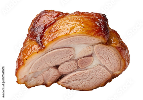 Close-up of a savory roasted meat section, showcasing a glistening golden-brown exterior and tender, light-pink interior.
