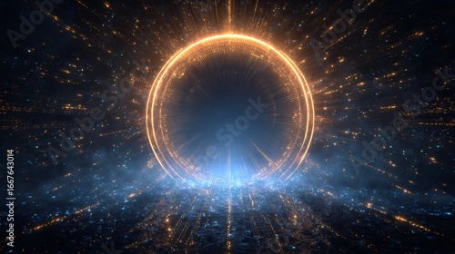 Glowing energy ring with radiating light beams in dark space. Futuristic portal concept. Abstract cosmic background for science fiction or technology design