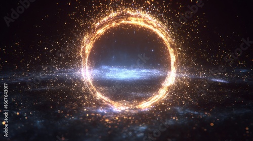 Glowing energy ring in space with sparks and cosmic background. Futuristic portal concept for sci-fi design. Abstract circular light effect in dark universe.