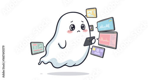 Cute ghost analyzing data on digital devices in cartoon style