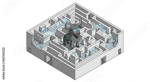 Futuristic bull robot navigating through an isometric maze