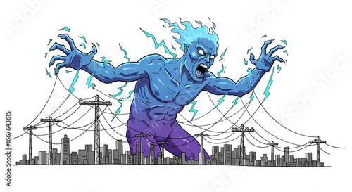 Giant electric monster invades city: urban chaos and energy storm