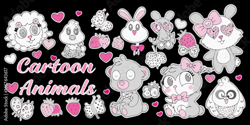 Cute Cartoon Animal Characters with Hearts and Bows on a Black Background