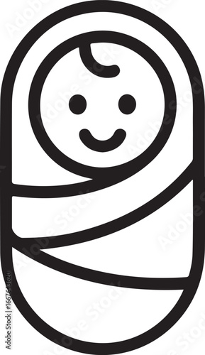 Simple outline icon of a happy baby wrapped in a swaddle