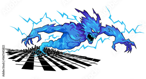 Electrifying monster surging over cityscape with lightning energy
