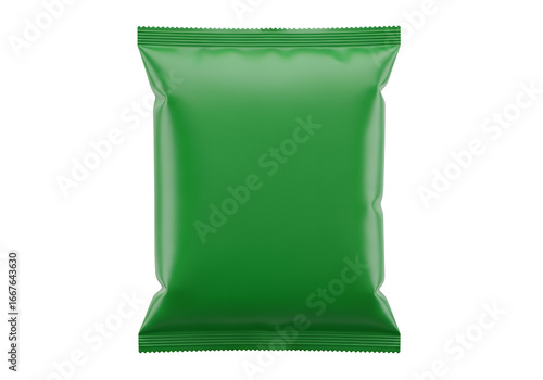 Vivid green, glossy plastic food packaging bag stands out against a black backdrop.