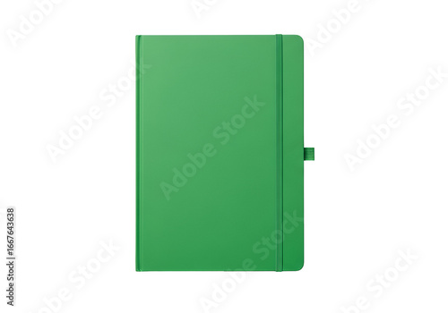 A vibrant green notebook, featuring a smooth surface and a simple design, stands out against a black backdrop.