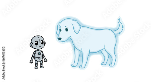Cute robot and glowing dog illustration in cartoon style
