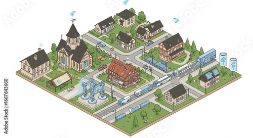 Charming isometric town with houses, church, tram, and tech elements