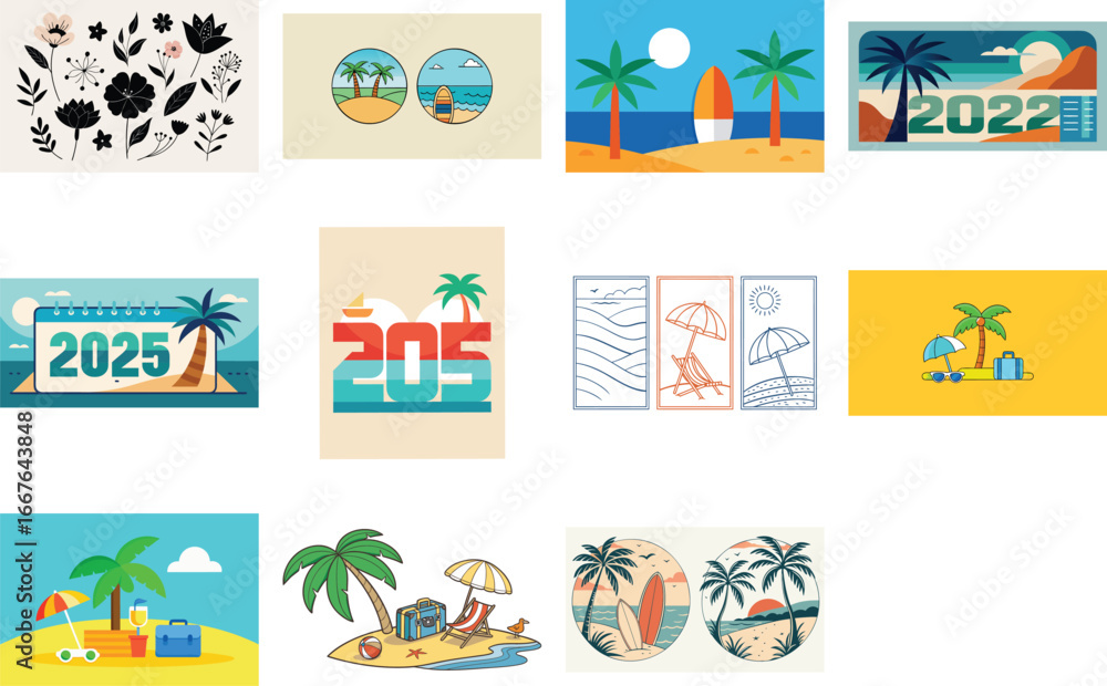 Fototapeta premium Tropical Summer Vacation Paradise Beach, Palms, and Sun Illustrations