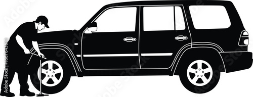 Person performing car tire maintenance on SUV, front wheel repair, safety check, vehicle service, roadside assistance, tool usage, transportation care