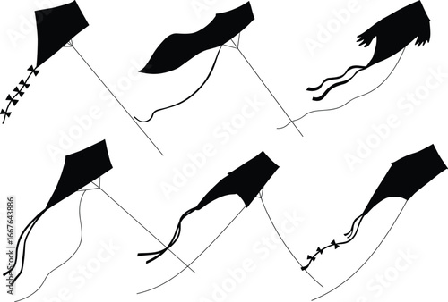 Kite silhouette vector set, unique tail designs, stringed flying shapes, black illustration, outdoor play icons, aerodynamic graphic elements