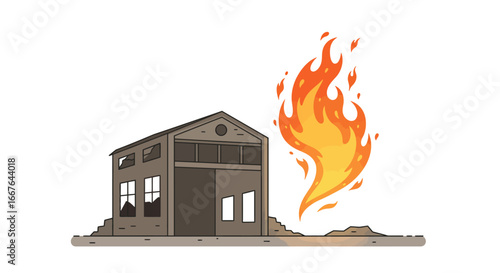 Abandoned building on fire with dramatic flames in cartoon style
