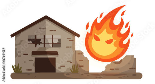 Abandoned house with fiery spirit in cartoon style